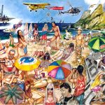 Estampa [ara a marca Blue Man. Ela mostra a faixa de areia da praia de Ipanema, onde nasceu a marca carioca. Em cada banhista presente, uma peça de coleções anteriores, ilustram essa imagem que se transformou em inúmeros produtos desta coleção que ficou ativa por dois anos